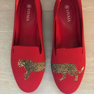 VIVAIA Red Loafers with Leopard Embroidery